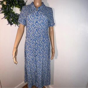Marquis, S,pocketed leaf print full button front cuff short sleeve belted midi